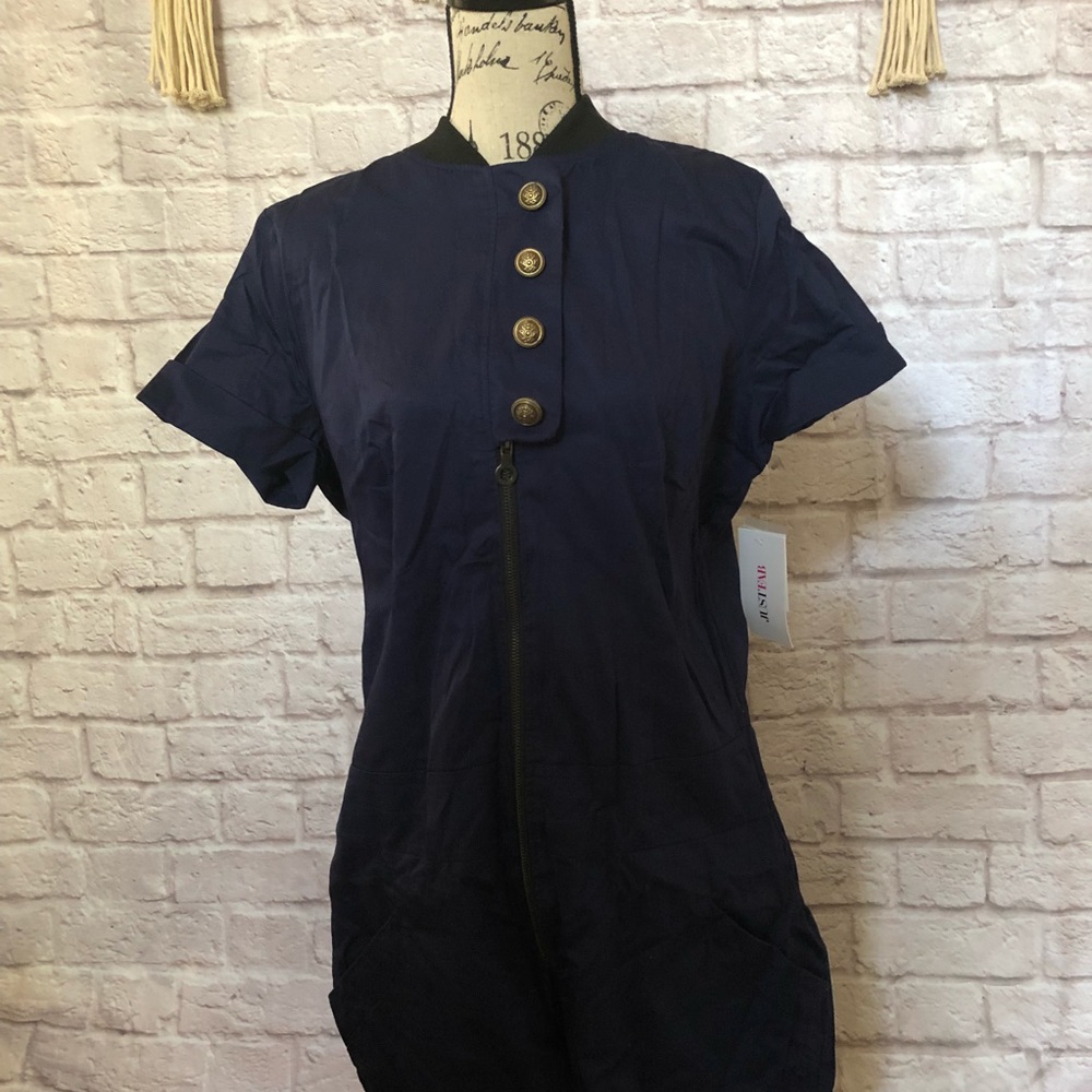 JUSTFAB PROJECT RUNWAY JUMPSUIT IN NAVY + ORANGE